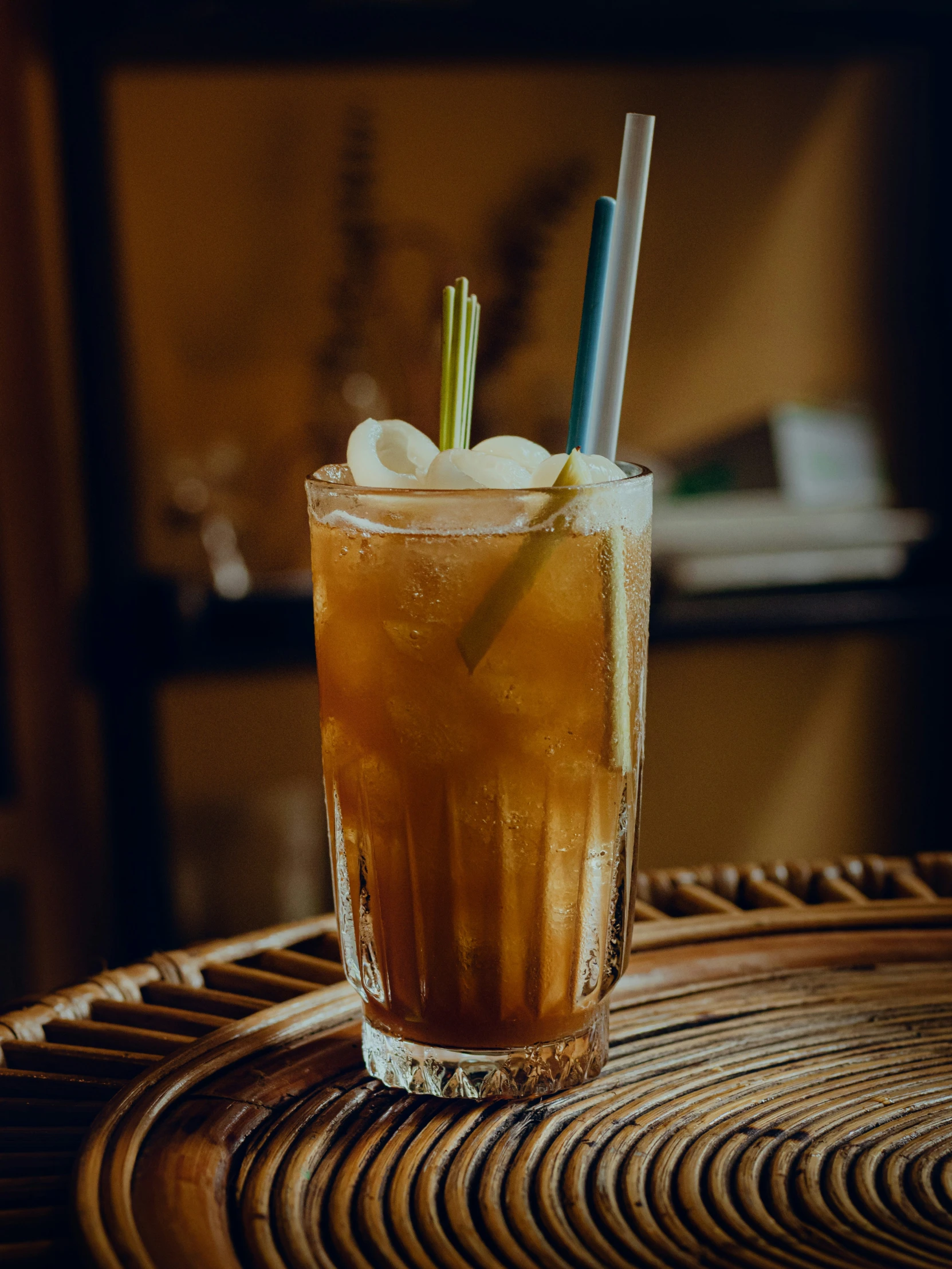 a drink sitting on top of a wooden table