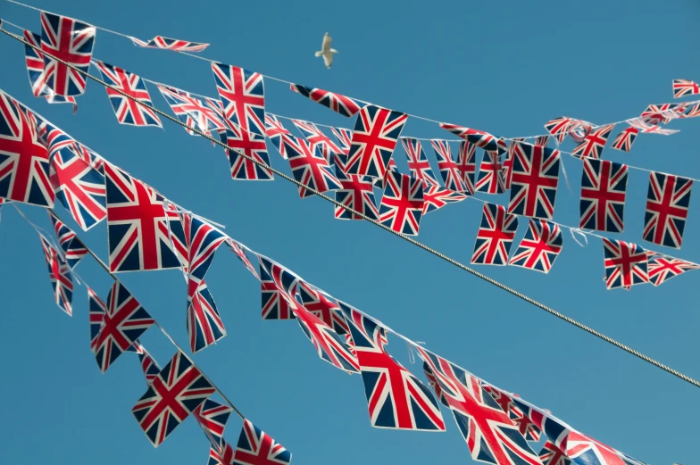 a close up of a bunch of flags flying in the sky