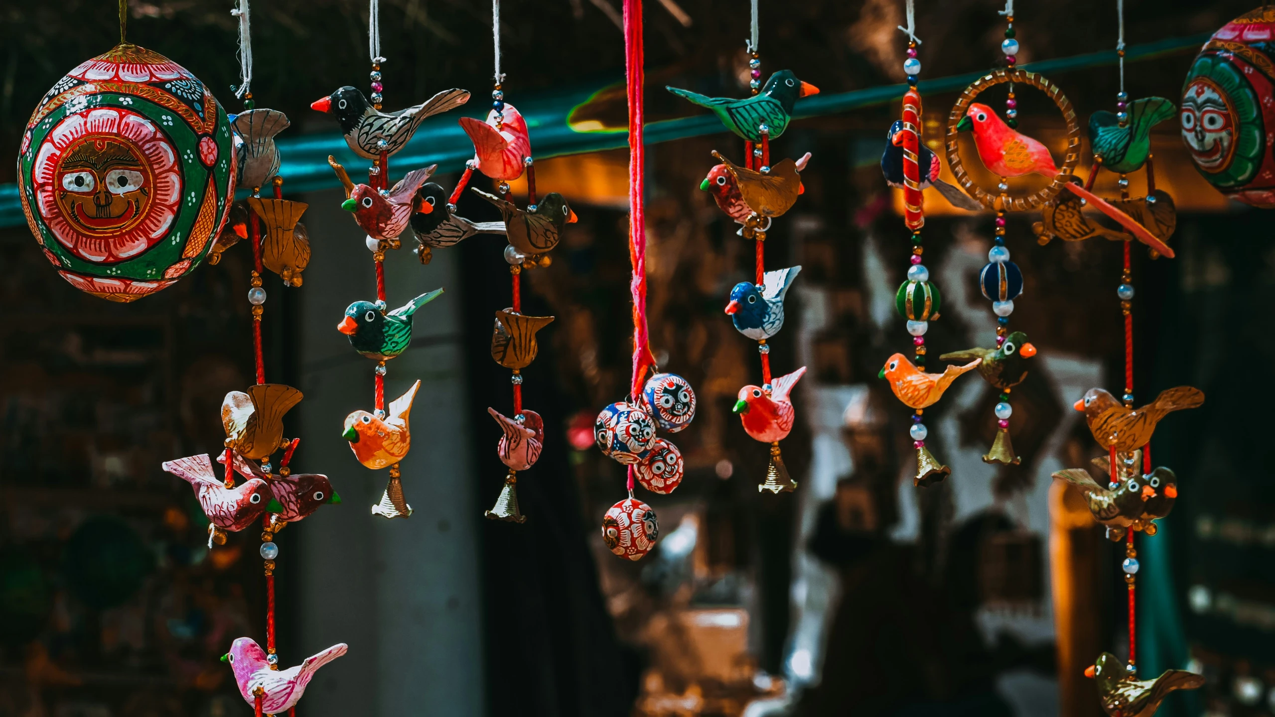 some decorations are hung up outside for sale