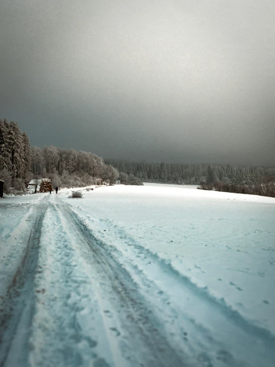 a snowy road has some tracks that are slightly up