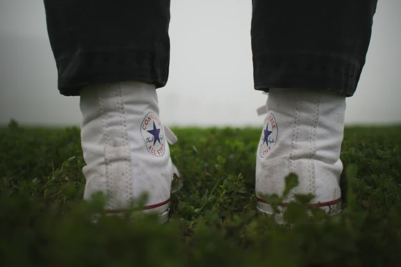 a pair of shoes sitting in the middle of grass