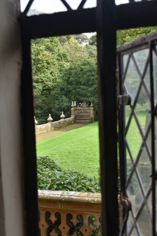 a garden seen through an ornate window,