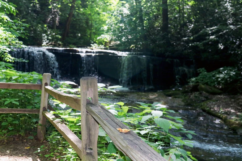 waterfall behind a wood fence at a park