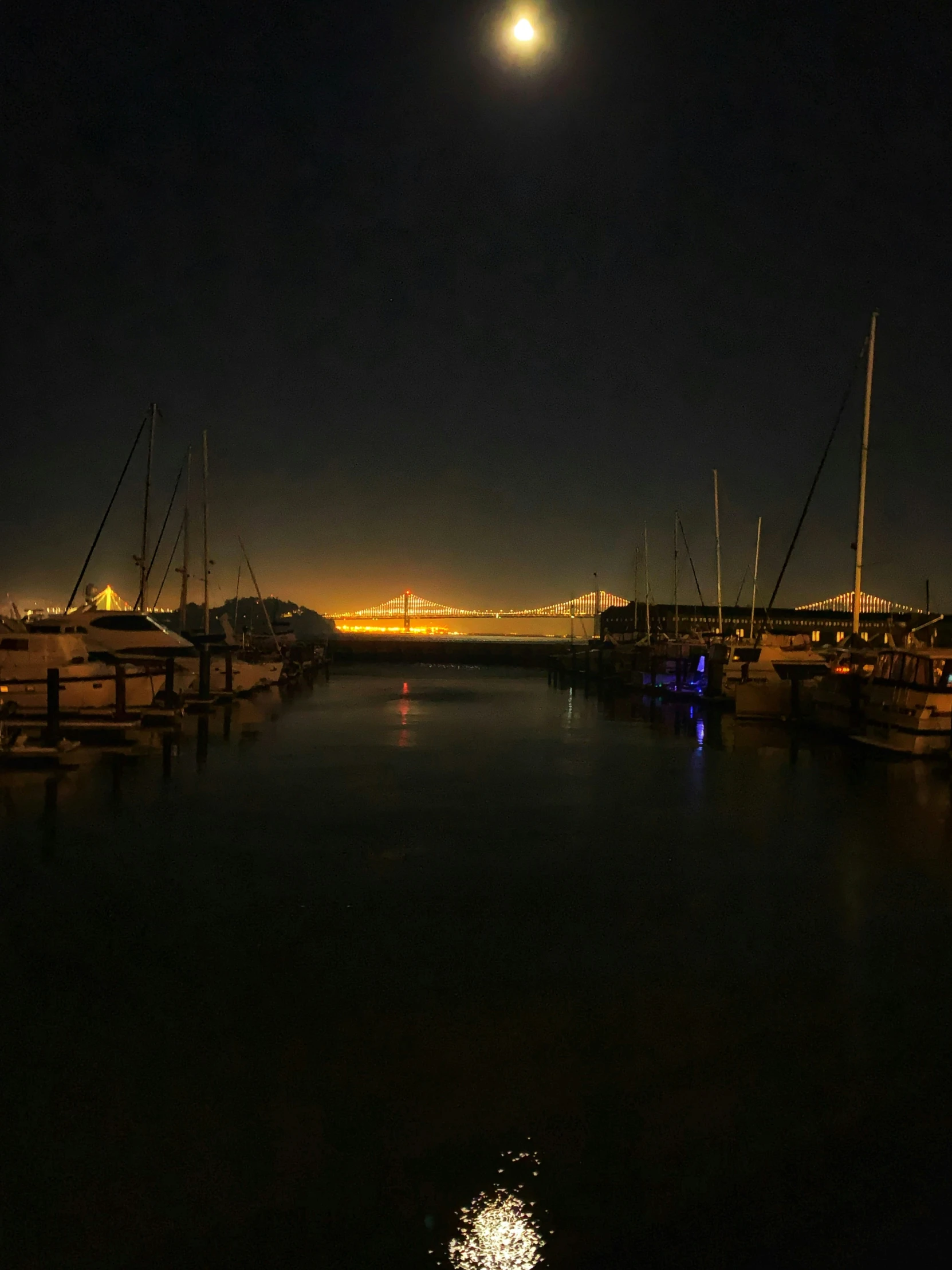 several boats are moored in the water at night