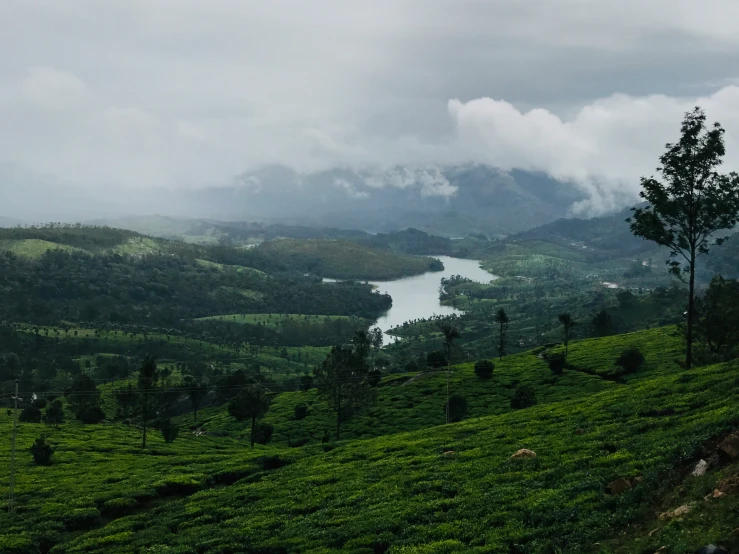 a view of a mountain, lake and greenery