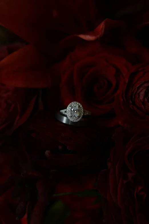 an engagement ring and bouquet of roses