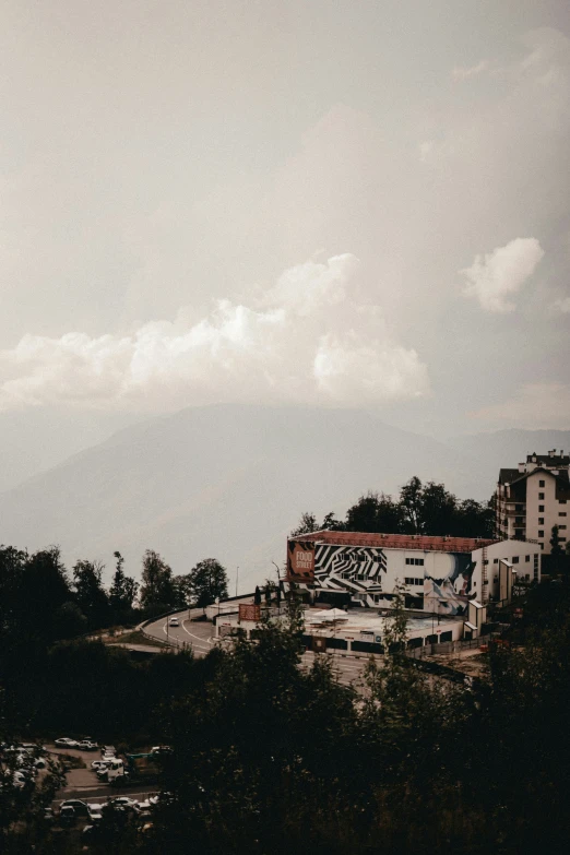 this is a view of some buildings from across the street