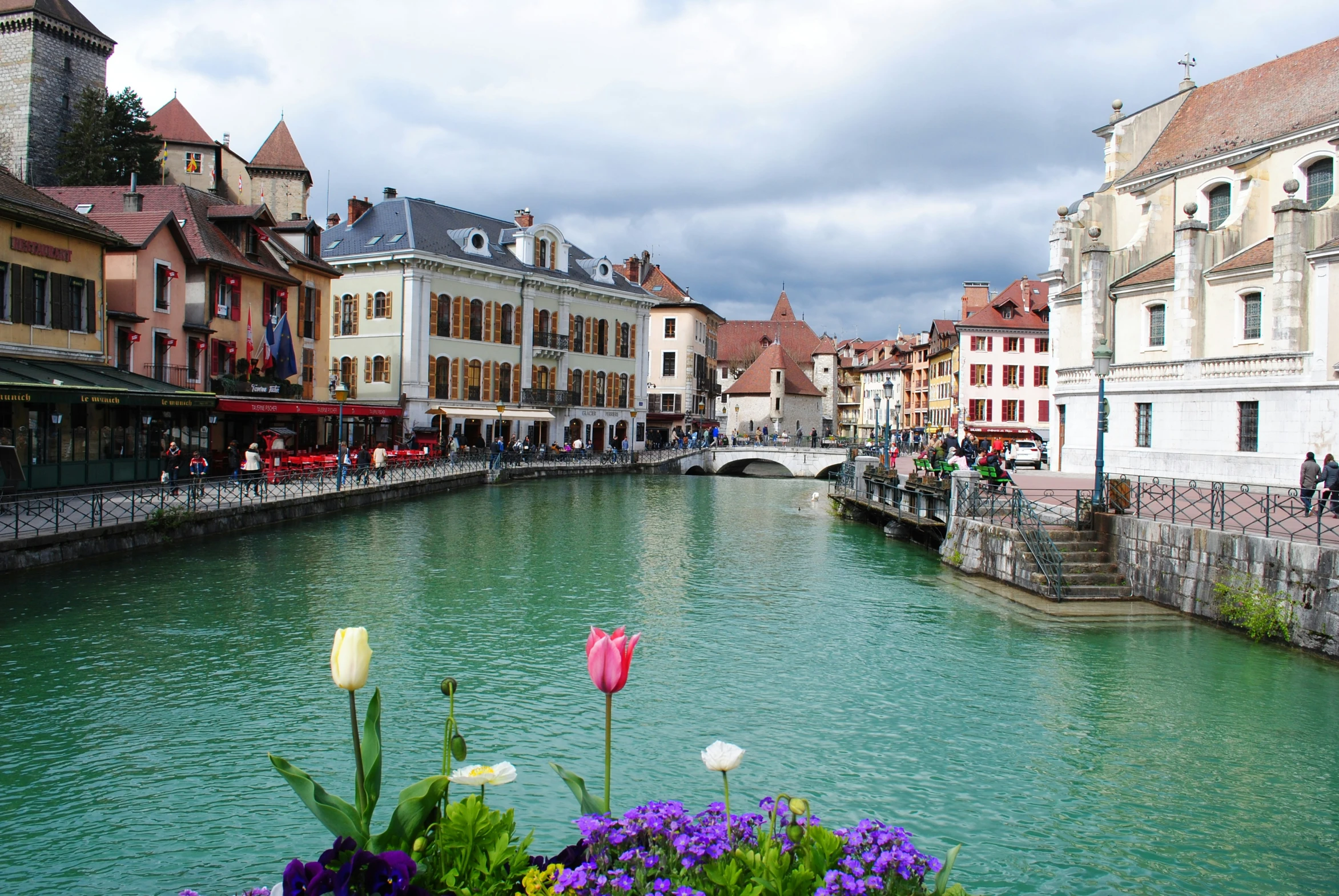 a waterway with flowers in the foreground next to many buildings