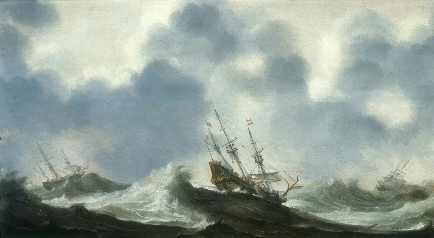 a painting shows an image of a ship sailing through a storm