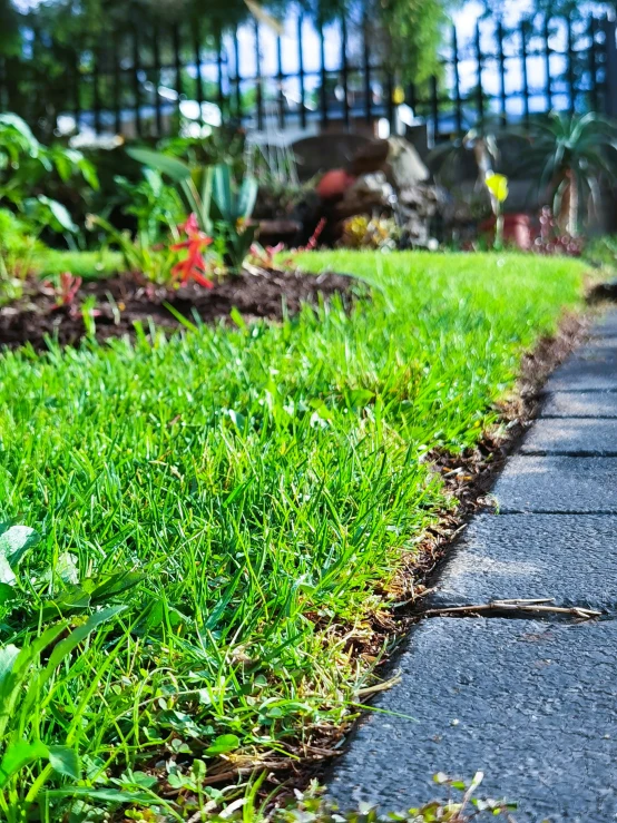 this sidewalk is near the green grass with a metal fence