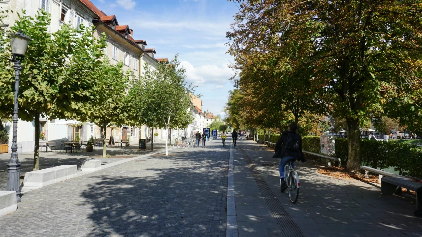 man riding a bicycle down a residential street