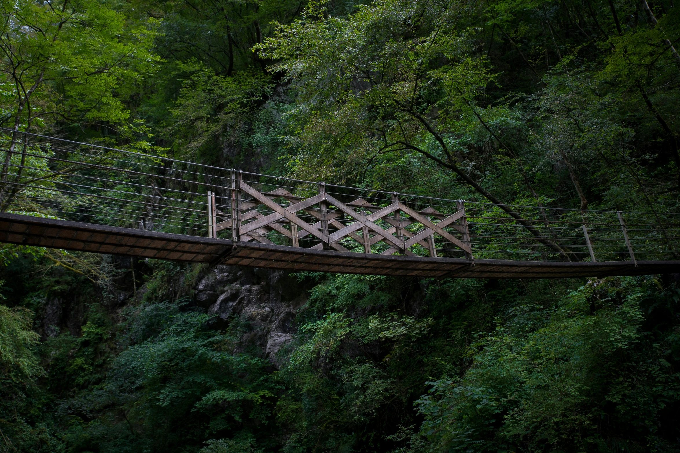 a person crossing a bridge over water