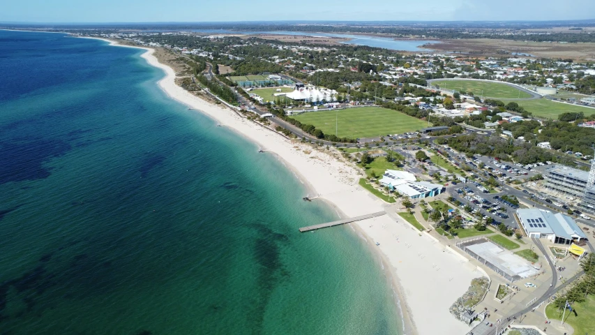 an aerial view of an ocean beach and sandy shore