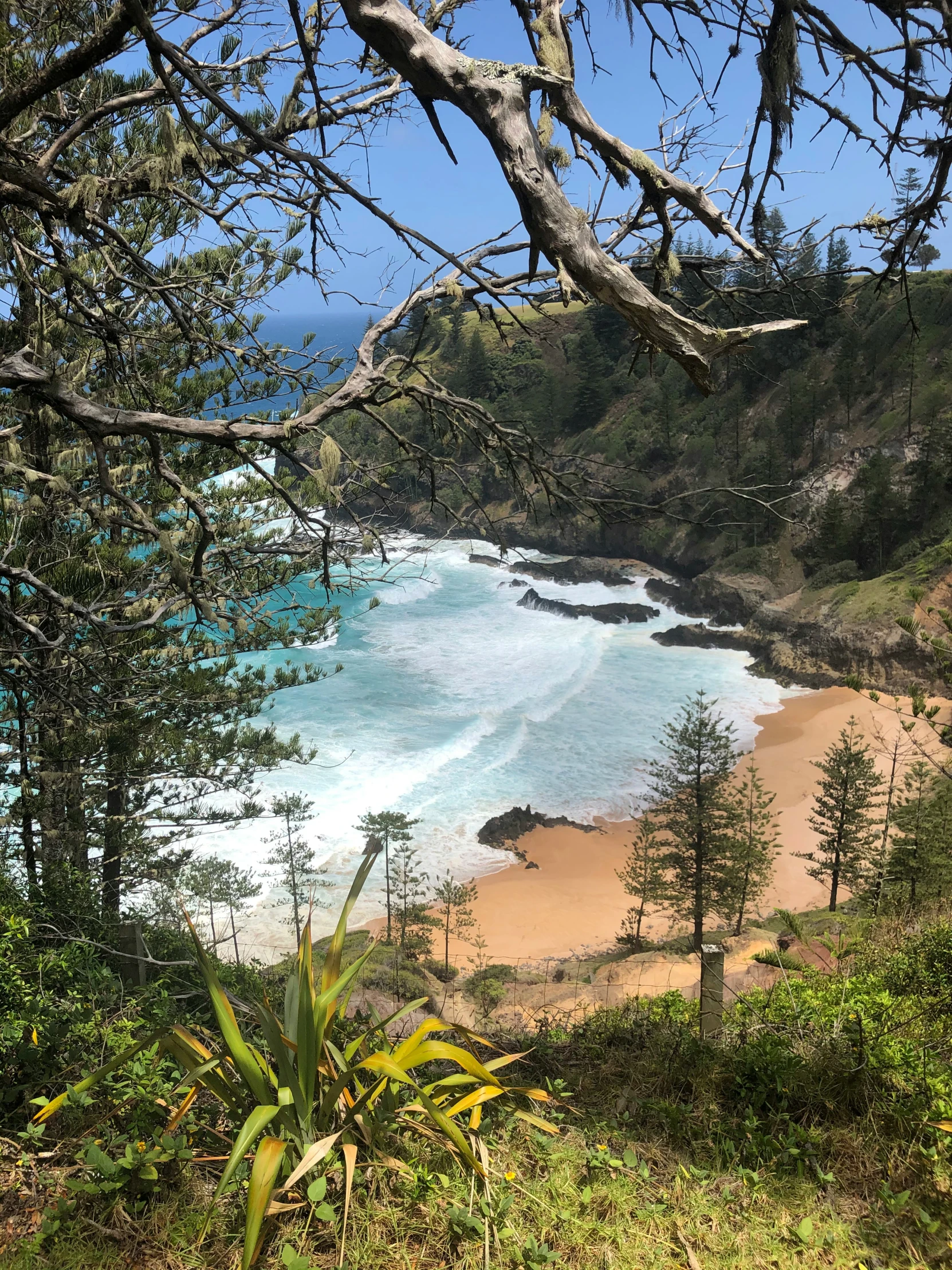 the view from a hill overlooking the beach and the ocean