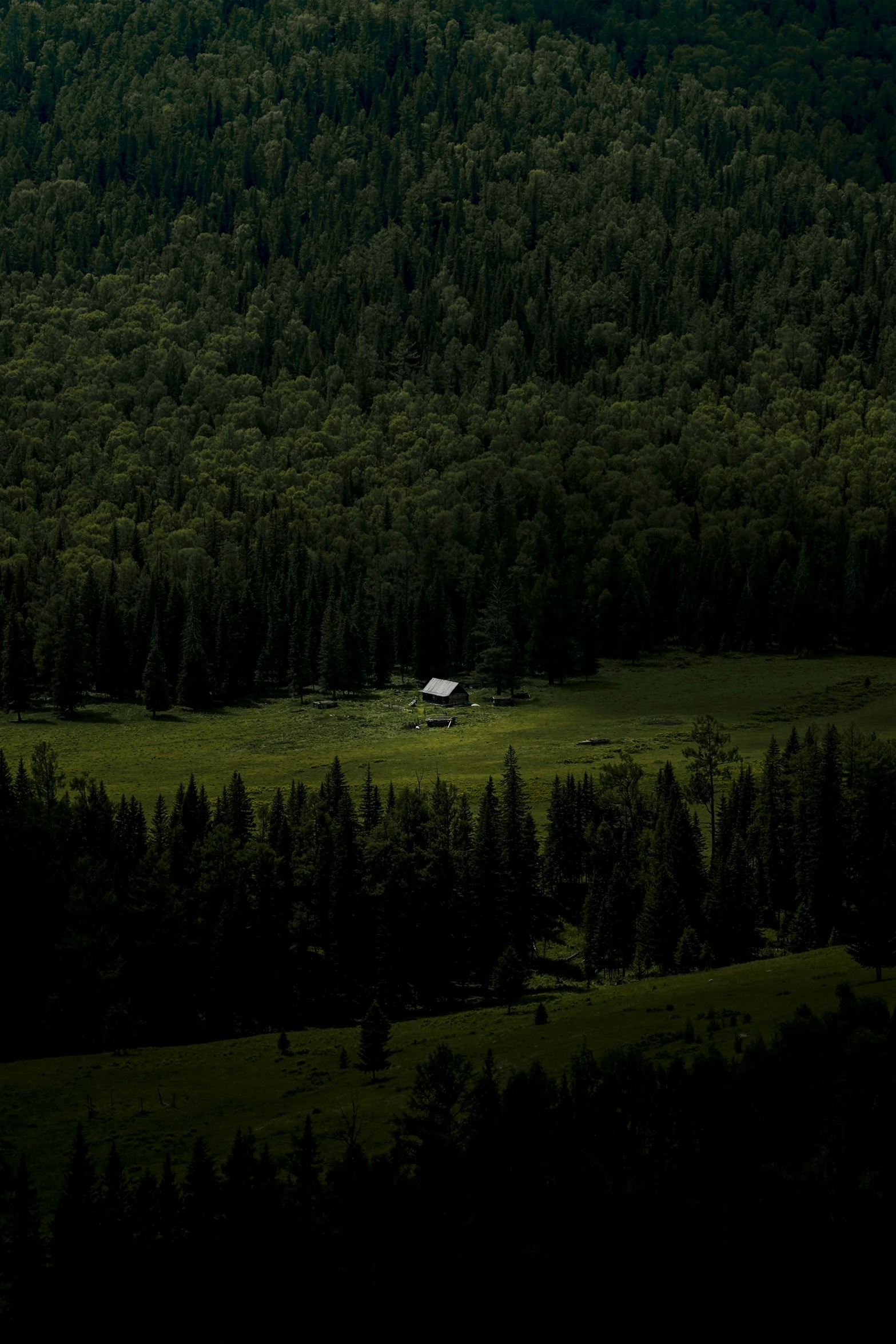 a farm in front of a forested green mountain