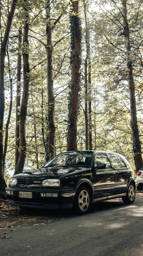 a parked car on the road surrounded by trees