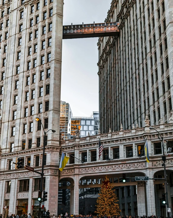 large tall buildings in a city during the christmas season