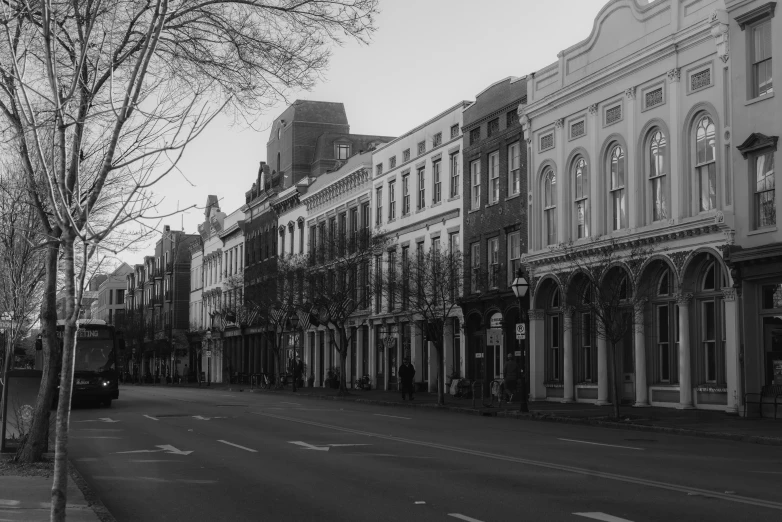 a black and white po of a row of buildings