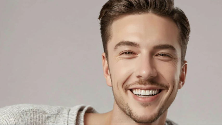 man smiling while wearing grey sweater against a white background