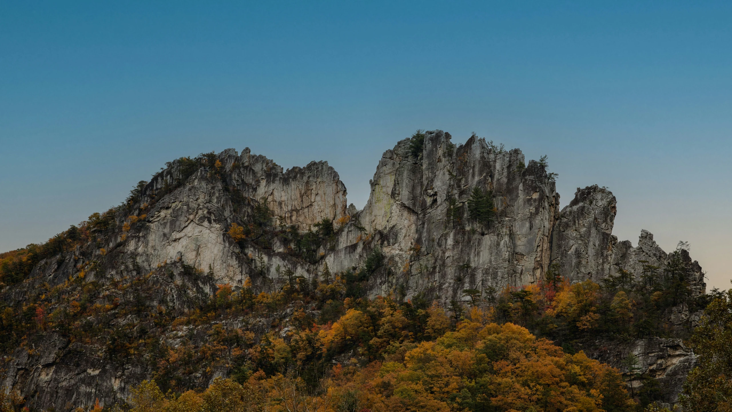 a mountain has an unusual rock formation, surrounded by autumn trees