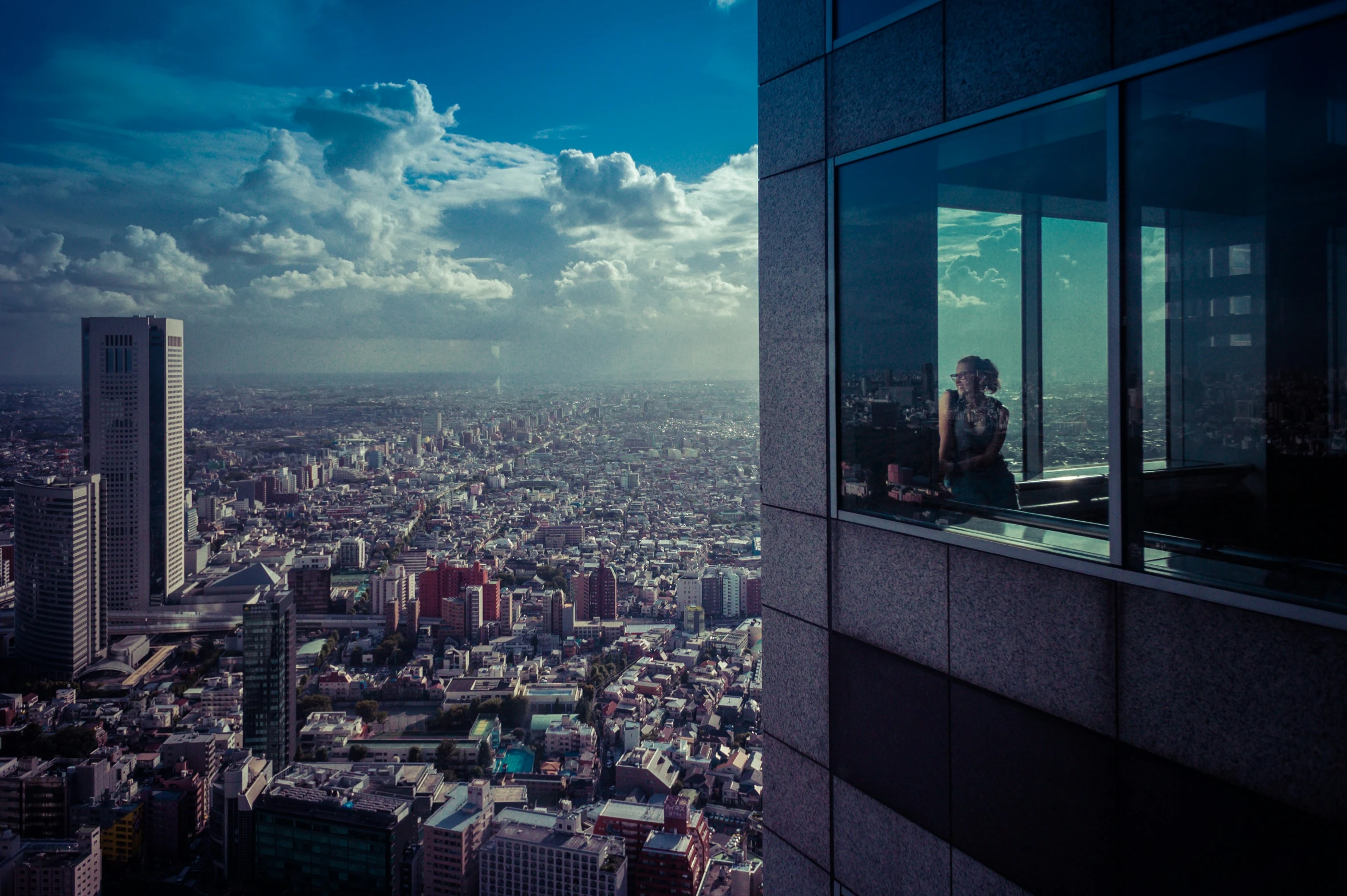 a person looking out of a building on the top of a tall building