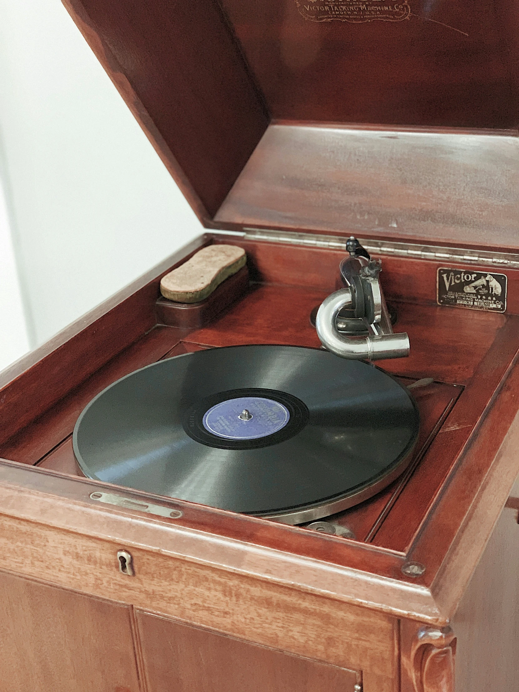 the record player has been made using a wooden case