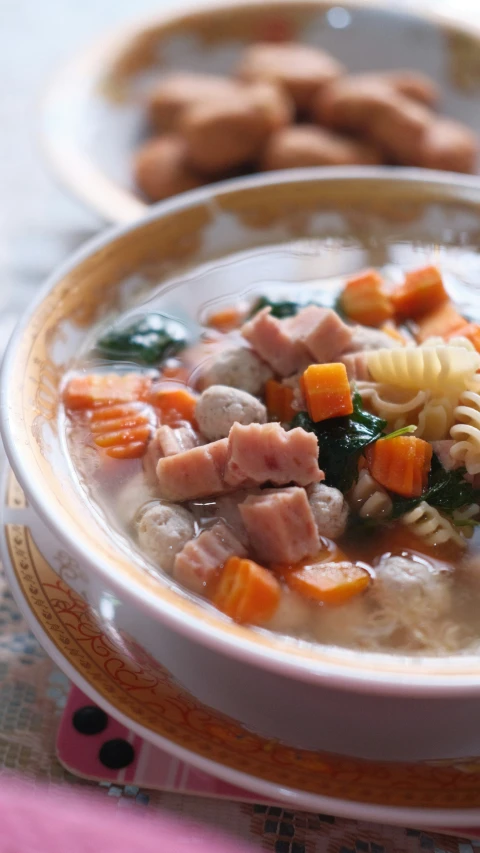 a plate holding soup with meat, pasta and vegetable items