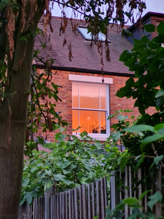 a fenced in view of trees and houses through the windows