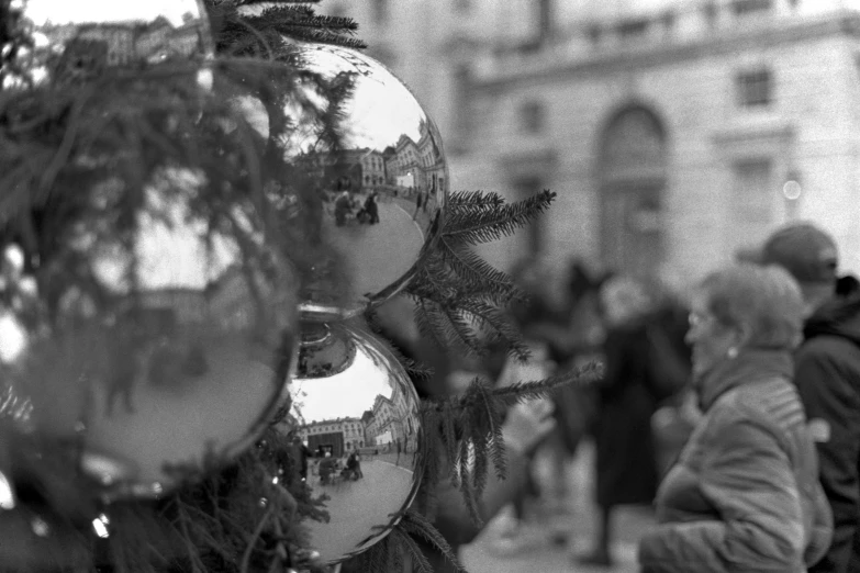 black and white pograph of christmas decorations