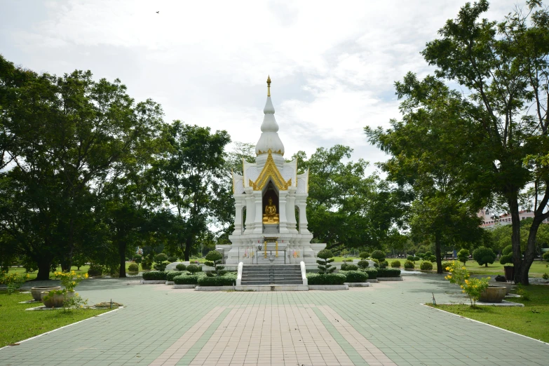 a clock tower sits behind many trees