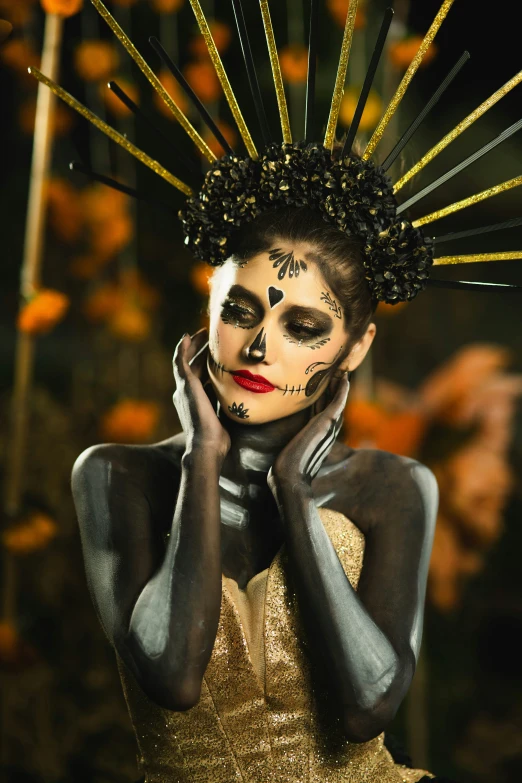 a woman with makeup and a mask on