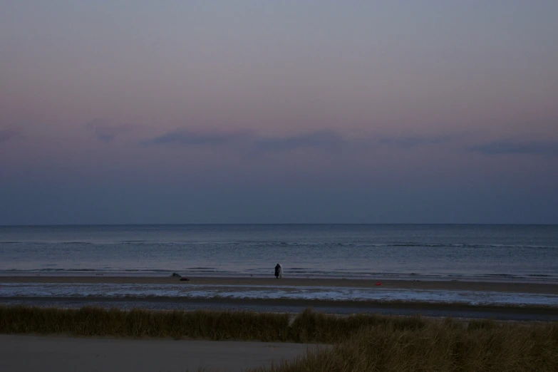 two surfers ride their boards as the evening approaches