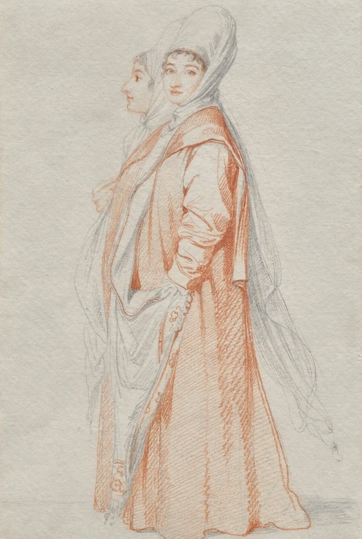 an orange drawing of a woman standing with her hands around her shoulder