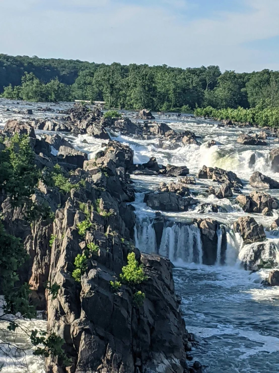 an image of waterfall and trees from the shore