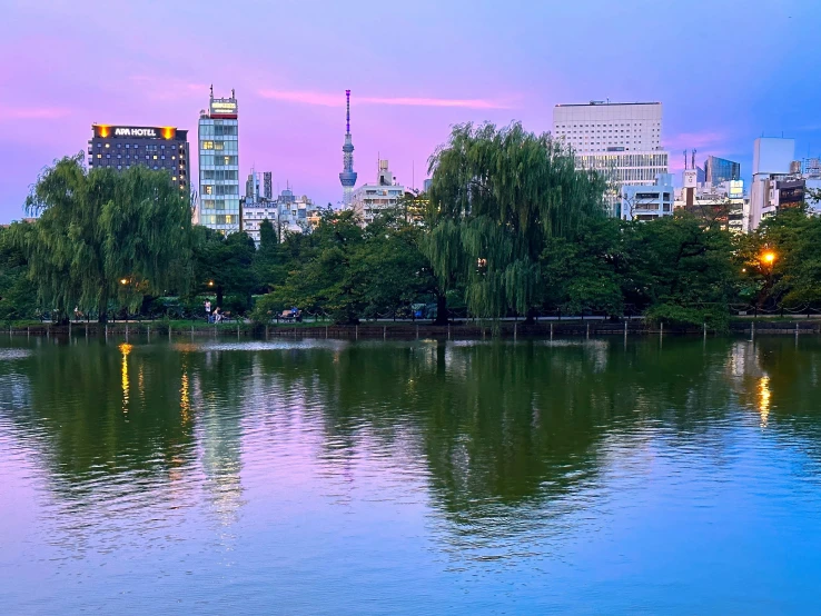 a city skyline is reflected in the water of a lake