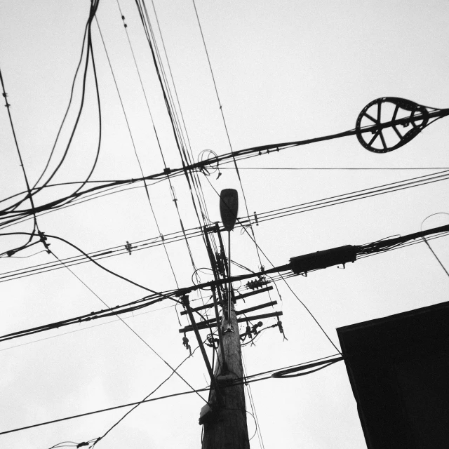 telephone wires and power poles with a building in the background