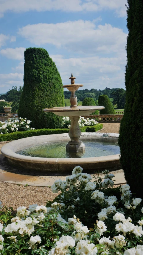 a stone fountain in the middle of white flowers