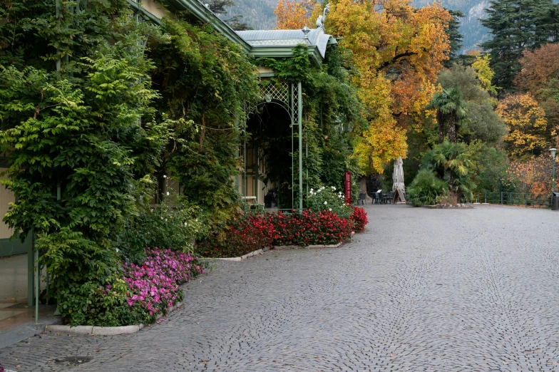 a pathway lined with colorful flowers and shrubs next to an apartment building