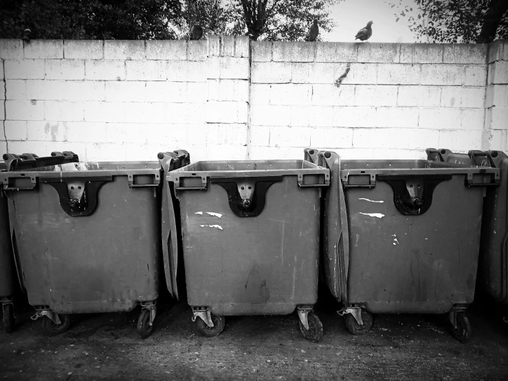 four black and white boxes on wheels in front of wall