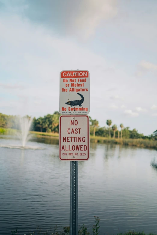 two street signs on top of each other near water