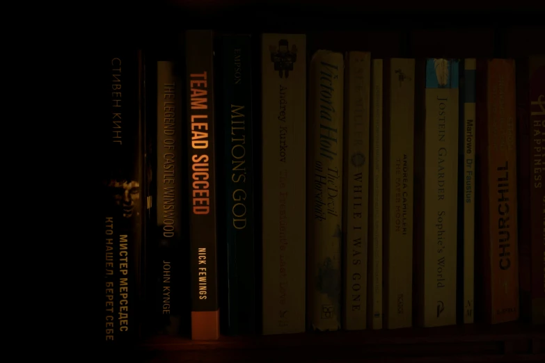 a group of books that are on a shelf