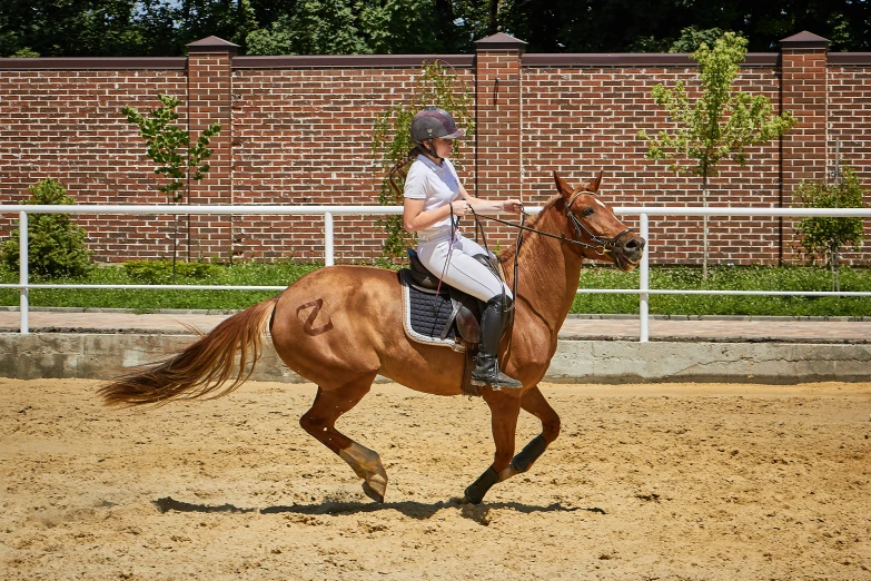 a woman riding on the back of a brown horse