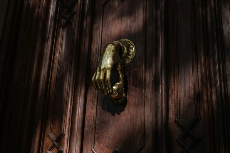 golden hand made door handle on wooden door