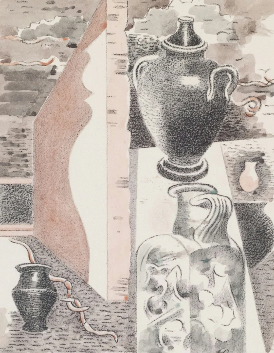 a drawing of many vases in a window