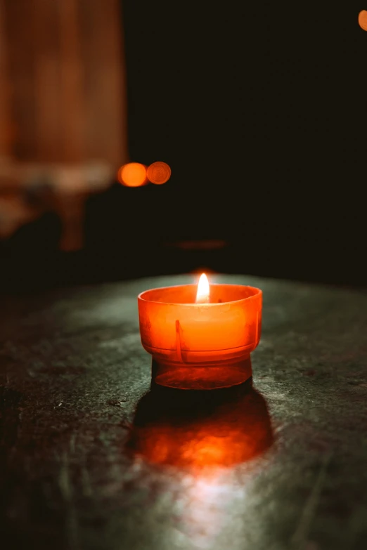 a lit candle sitting on top of a table