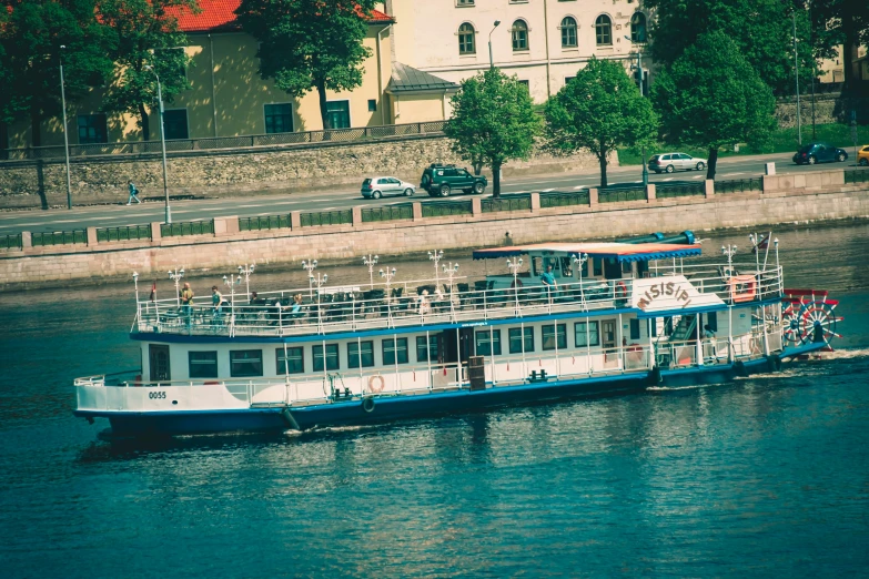 the large passenger boat is in the open water