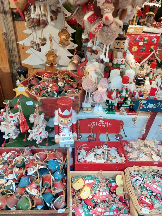 christmas goods in a store window with teddy bears