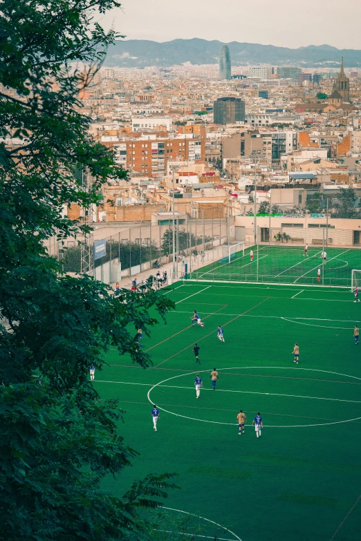 people on a field playing soccer in a city