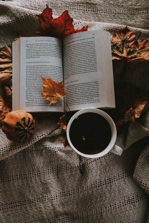 an open book and cup of coffee on the ground