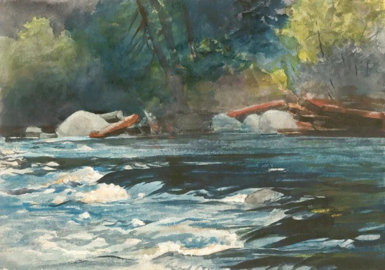 a painting of water flowing between two trees